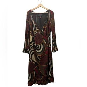 ASHRO Women Midi Tribal Design Ruffle Hem/Sleeves Slight Front Drape/Wrap Size L